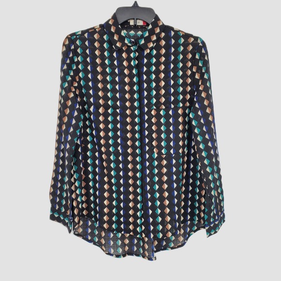 Tulip B Tops - Tulip B‎ Small Geometric Diamond Print Button Down Shirt Black Tan Blue Teal New